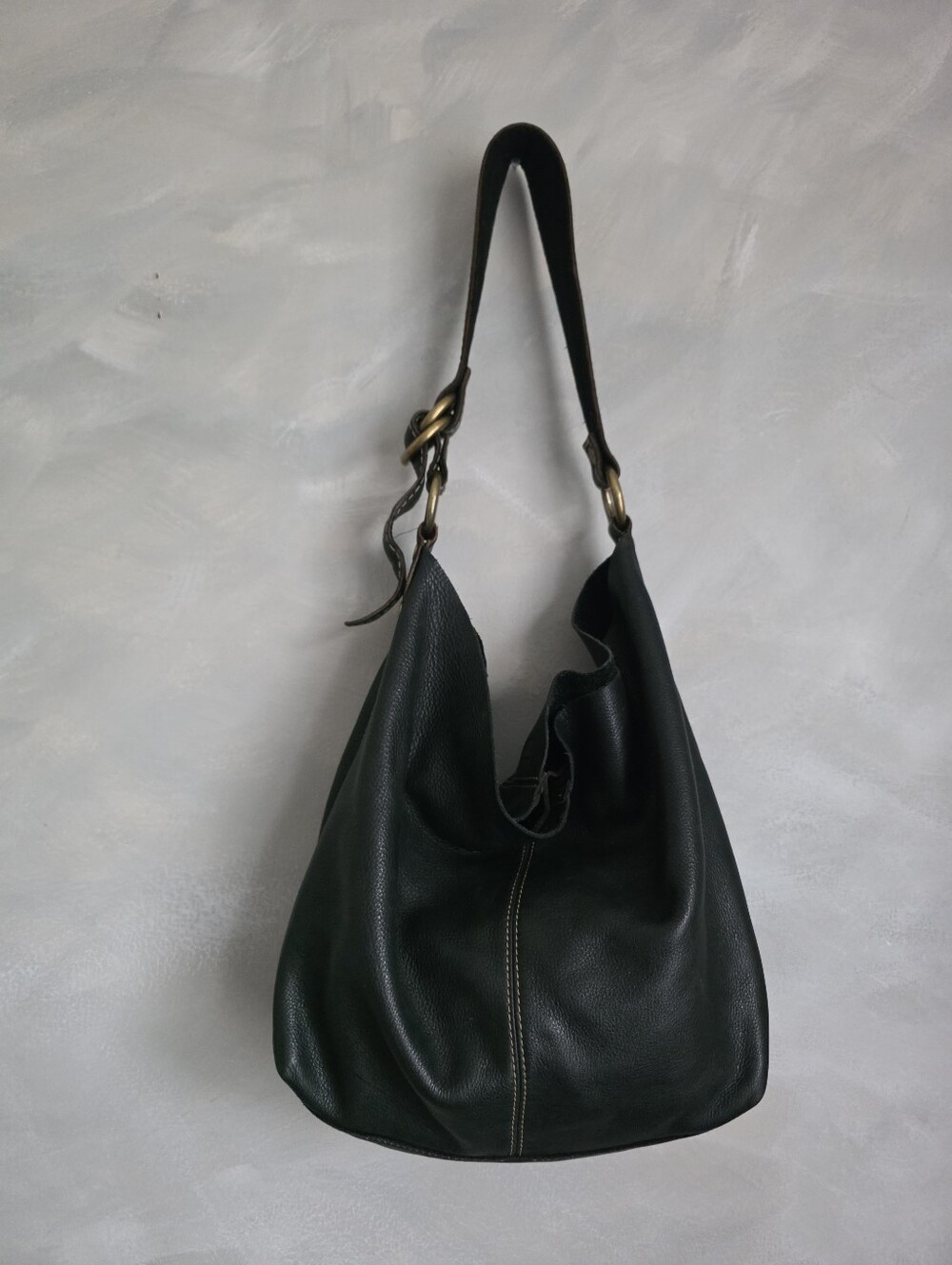 Vtg Lucky Brand Black Leather Slouchy Bucket Shoulder Bag Contrast Stitch